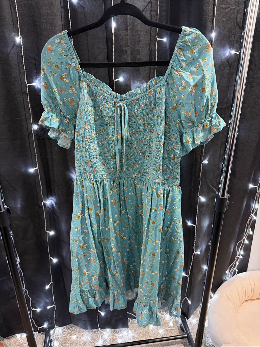 Women’s Teal Floral Smocked Puff Sleeve Dress